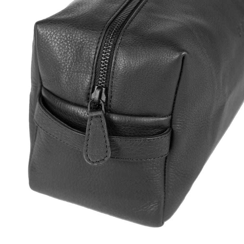 By Vilain Toiletry Bag Black Leather Side Closeup