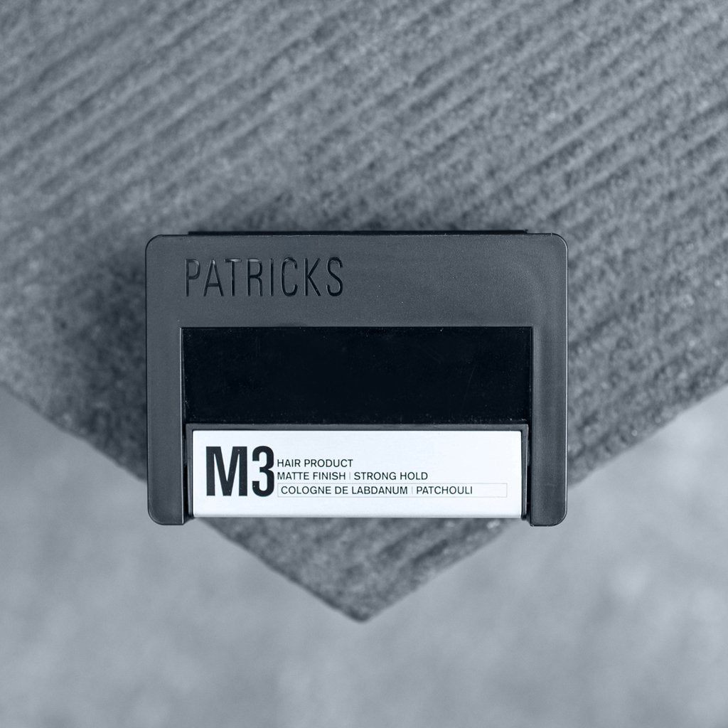 Buy Patricks M3 Matte Strong Hold Hair Styling Pomade on Grey Fabric Top