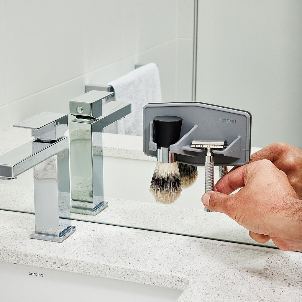 The Maverick Razor & Brush Rack on Mirror - Gray